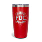 A 20 oz red tumbler with the FDC maltese cross logo engrave on the front.