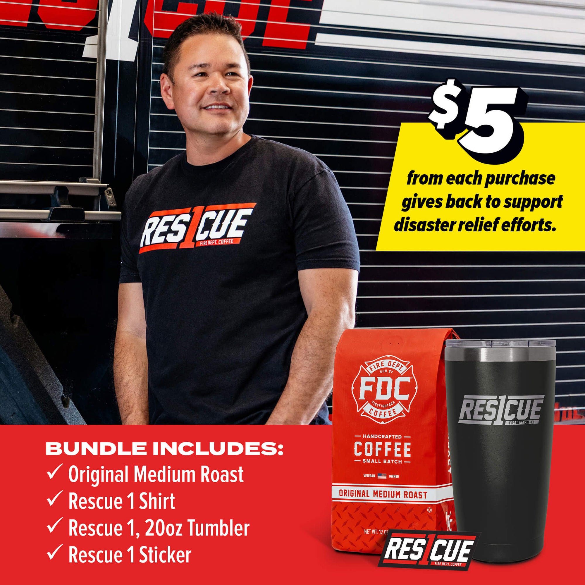 A collection of products in the Rescue 1 Bundle that show the black Rescue 1 shirt, a bag of medium roast coffee, a black coffee tumbler and a Rescue 1 sticker.