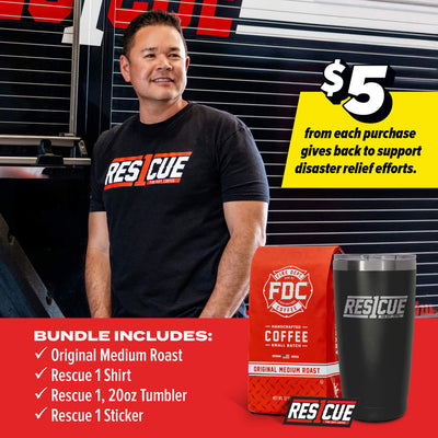 A collection of products in the Rescue 1 Bundle that show the black Rescue 1 shirt, a bag of medium roast coffee, a black coffee tumbler and a Rescue 1 sticker.