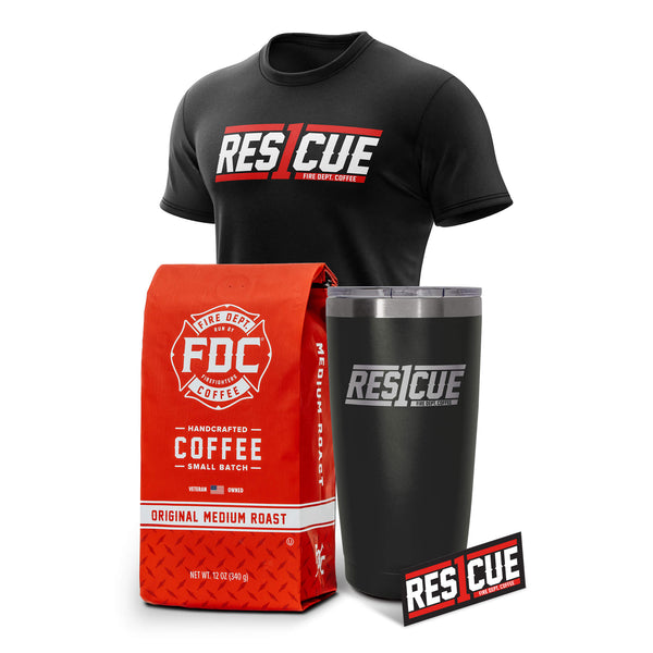 A collection of products in the Rescue 1 Bundle that show the black Rescue 1 shirt, a bag of medium roast coffee, a black coffee tumbler and a Rescue 1 sticker.