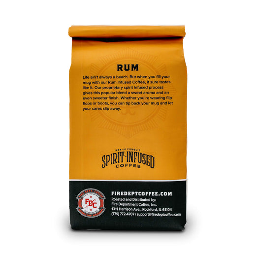 Fire Dept. Coffee’s 12 ounce Rum Infused Coffee in a rectangular package.