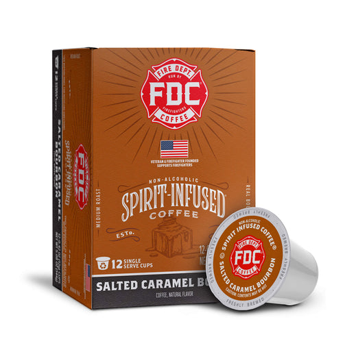 Fire Department Coffee’s Salted Caramel Bourbon Infused coffee packaging on a white background.