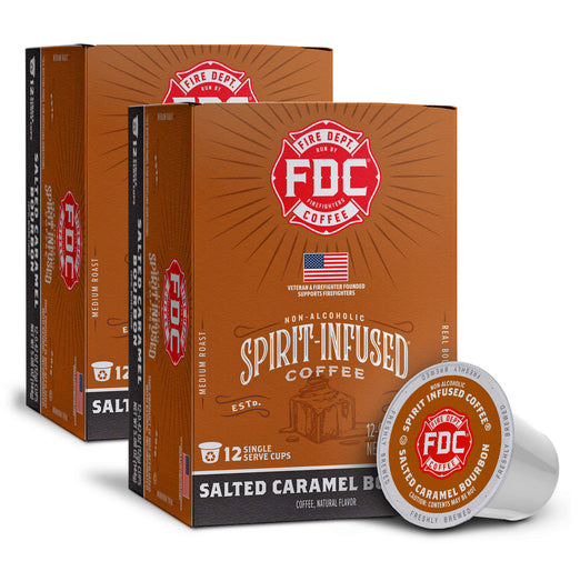 Two boxes of Fire Department Coffee’s Salted Caramel Bourbon Infused coffee packaging on a white background.