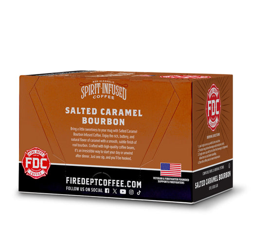 The back of the box of Salted Caramel Bourbon Infused Coffee pods on a white background.