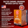 Box of Salted Caramel Bourbon Infused Coffee Pods with text detailing product features on a red background.