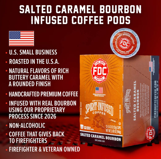 Box of Salted Caramel Bourbon Infused Coffee Pods with text detailing product features on a red background.
