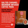 Salted Caramel Bourbon Infused Coffee Pods packaging with text on a red background.