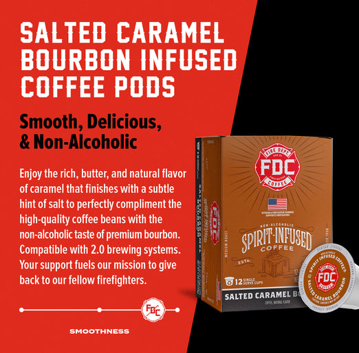 Salted Caramel Bourbon Infused Coffee Pods packaging with text on a red background.