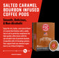 Salted Caramel Bourbon Infused Coffee Pods packaging with text on a red background.