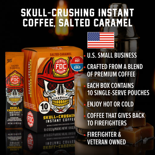 FDC Firefighter Coffee packaging with coffee cup and text on a dark background