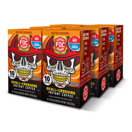 Packaging of FDC Instant Coffee with skull design on a white background