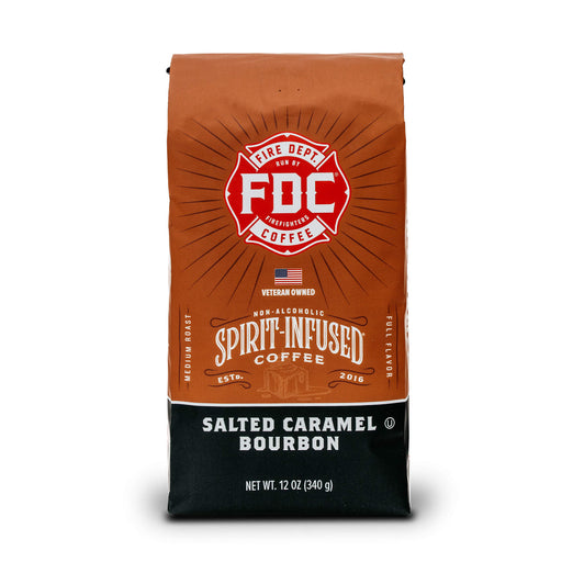 Fire Dept. Coffee’s 12 ounce Salted Caramel Bourbon Infused Coffee in a rectangular package.