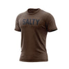 A heathered, espresso color t shirt with the text "Salty" across the chest in large, black letters.