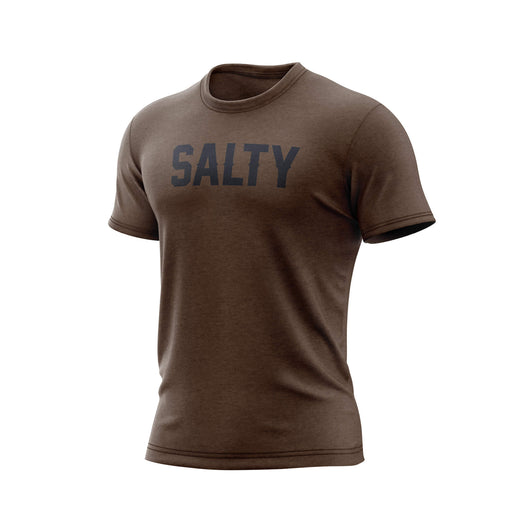 A heathered, espresso color t shirt with the text ”Salty” across the chest in large, black letters.