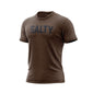 A heathered, espresso color t shirt with the text ”Salty” across the chest in large, black letters.