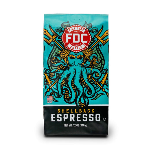 A 12-ounce package of Fire Department Coffee’s Shellback Espresso Roast.