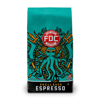 A 5 pound package of Fire Department Coffee's Shellback Espresso Roast.