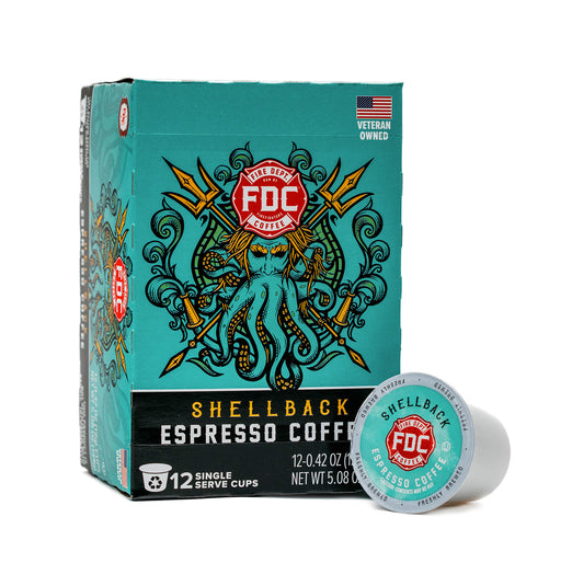 A 12-count box of Shellback Espresso Coffee Pods