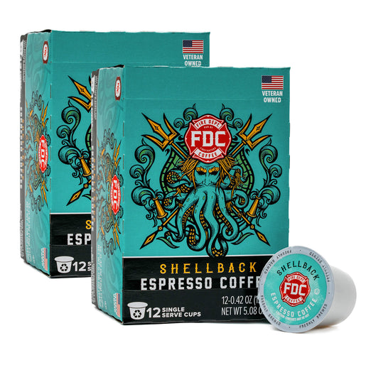 Two 12 count boxes of Fire Department Coffee’s Shellback Espresso Coffee Pods