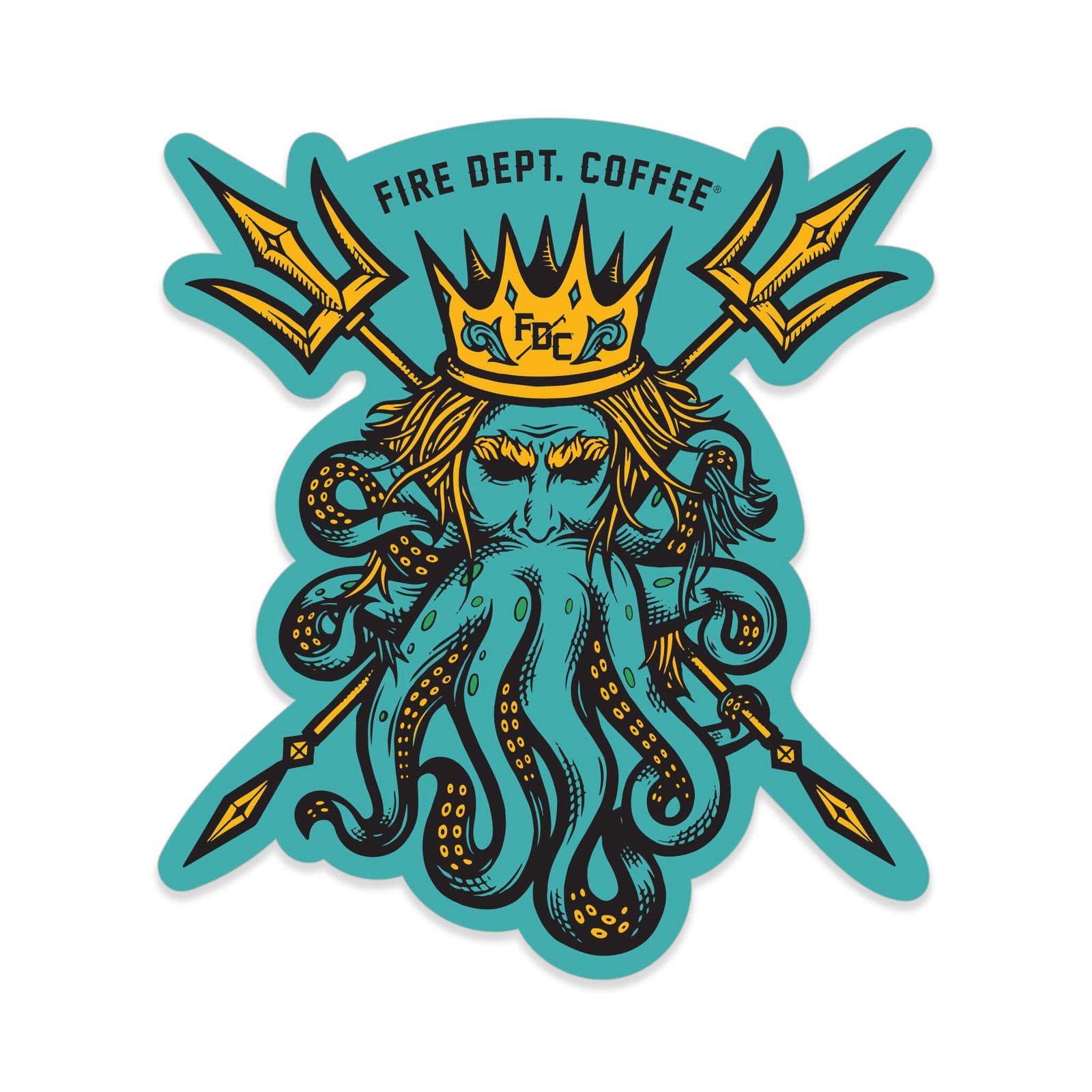 A sticker that features a King Neptune design and says "Fire Dept. Coffee" at the top. The still has an aqua background.