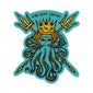 A sticker that features a King Neptune design and says ”Fire Dept. Coffee” at the top. The still has an aqua background.