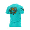 The back of teal Fire Department Coffee Shellback t shirt featuring a blue octopus with a humanoid face wearing a crown and holding two tridents.