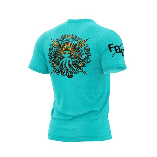 The back of teal Fire Department Coffee Shellback t shirt featuring a blue octopus with a humanoid face wearing a crown and holding two tridents.