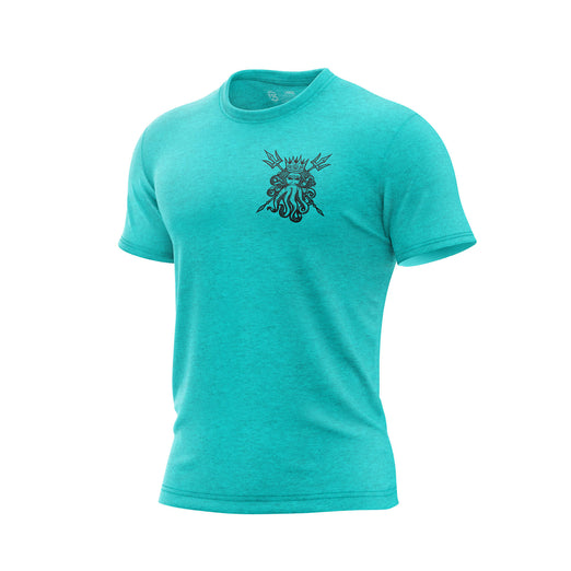 Teal t shirt with a neptune design on the front chest.