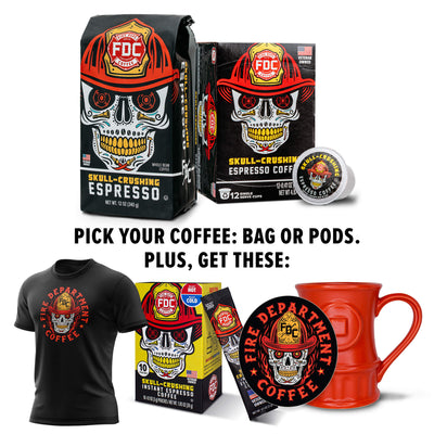Fire Department Coffee packaging, t-shirt, mug, and coffee pods with skull design on a white background.