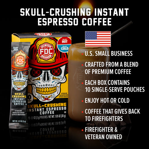 A box of Skull-Crushing Instant Espresso Coffee with bullet points that read ”U.S small business, crafted from a blend of premium coffee, each box contains 10 single-serve pouches, enjoy hot or cold, coffee that gives back to firefighters, firefighter and veteran owned”.
