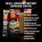A box of Skull-Crushing Instant Espresso Coffee with bullet points that read ”U.S small business, crafted from a blend of premium coffee, each box contains 10 single-serve pouches, enjoy hot or cold, coffee that gives back to firefighters, firefighter and veteran owned”.
