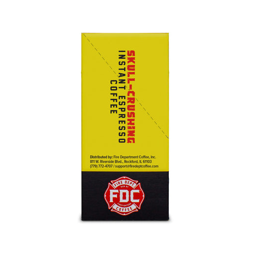 Side view of Skull-Crushing Instant Espresso coffee box with a yellow and black packaging design.