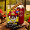 Box of 'Skull-Crushing Instant Espresso Coffee' with a red tumbler labeled 'FDC' on a wooden surface outdoors.