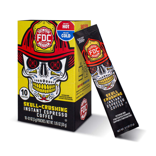 Fire Department Coffee, Skull-Crushing Instant Espresso Coffee, with a skull-themed box and pouch packaging with a yellow and black design.