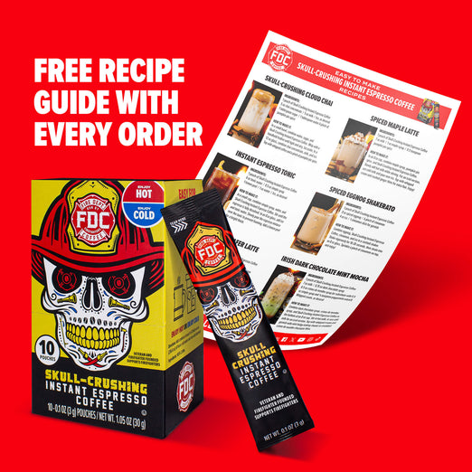 A box of Skull Crushing Instant Espresso Coffee with a sheet of recipes. Text reads, ”Free recipe guide with every order”.