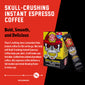 A box of Skull-Crushing Instant Espresso Coffee with bold text that says ”Bold, Smooth, and Delicious”. A paragraph under reads, ”There’s nothing more convenient than instant coffee for life on the go. Not only will Skull-Crushing Instant Espresso Coffee keep you alert, it will make you feel alive. Crafted from a blend of premium coffee, this espresso coffee delivers a full-bodied and mind-blowing flavor in every cup.”