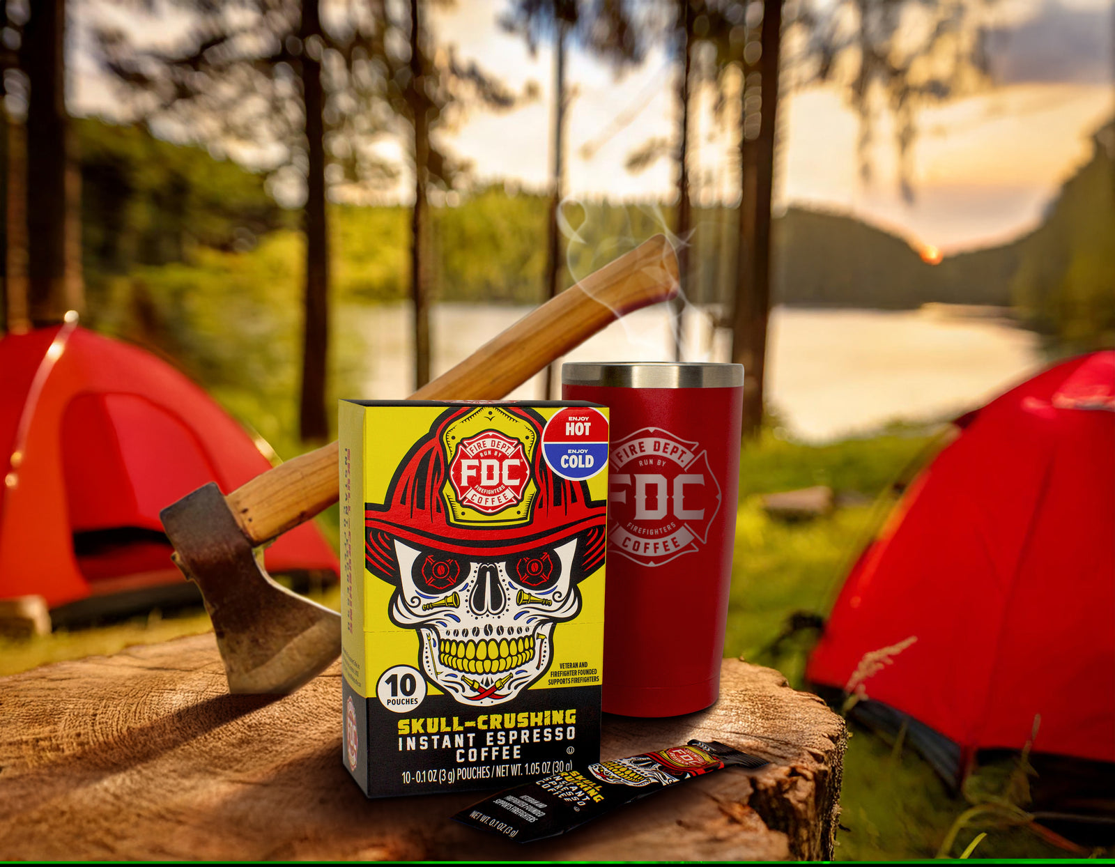 FDC coffee package and red cup with skull design on a camping scene