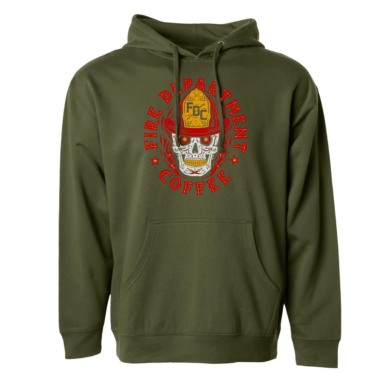 A military green hoodie with a skull design on the front and text that reads FIRE DEPARTMENT COFFEE