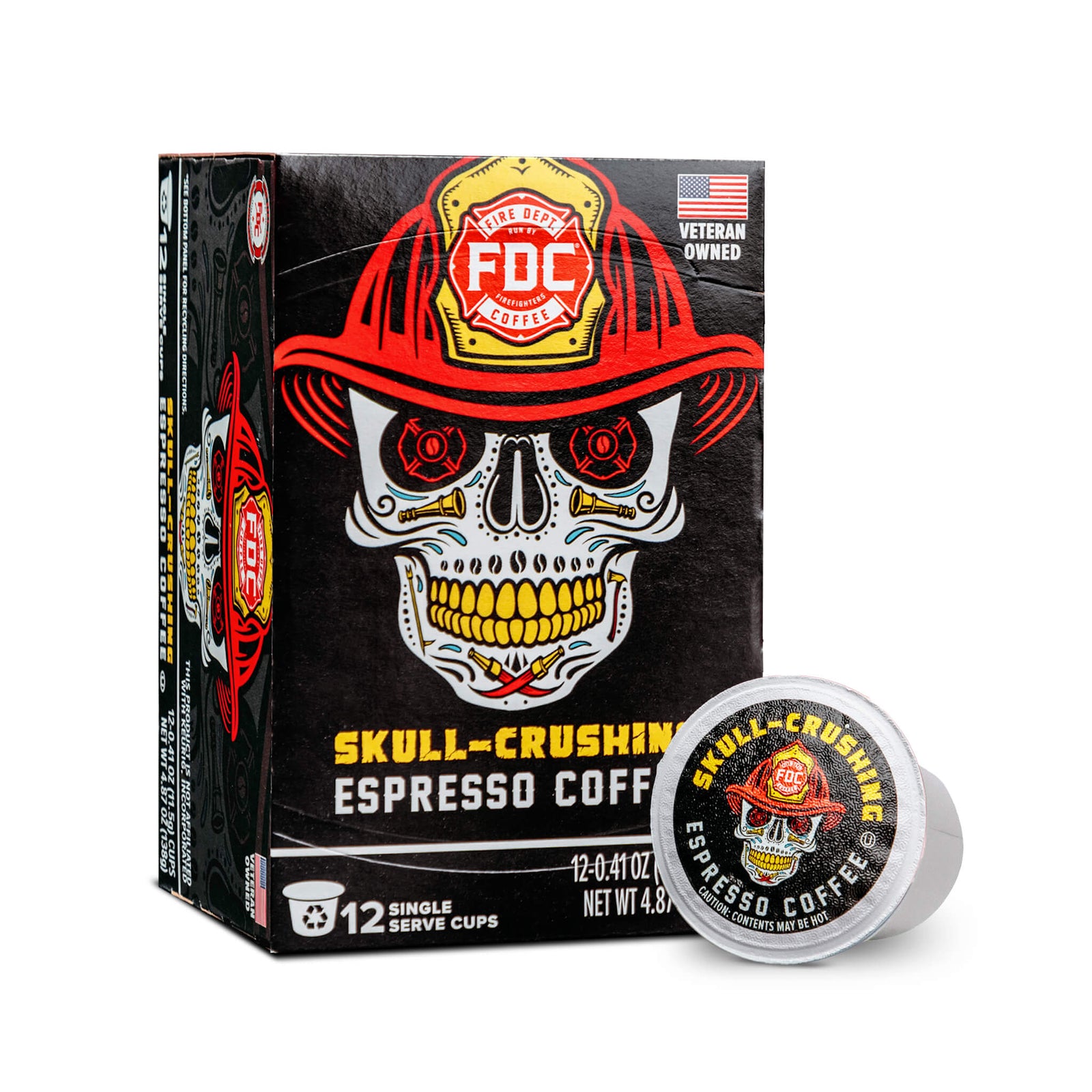An image of the front of a box of Skull-Crushing Espresso Coffee Pods.