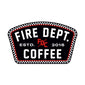 A keystone design with a checkered outline. White text reads FIRE DEPT. COFFEE ESTD. 2016