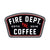 A keystone design with a checkered outline. White text reads FIRE DEPT. COFFEE ESTD. 2016