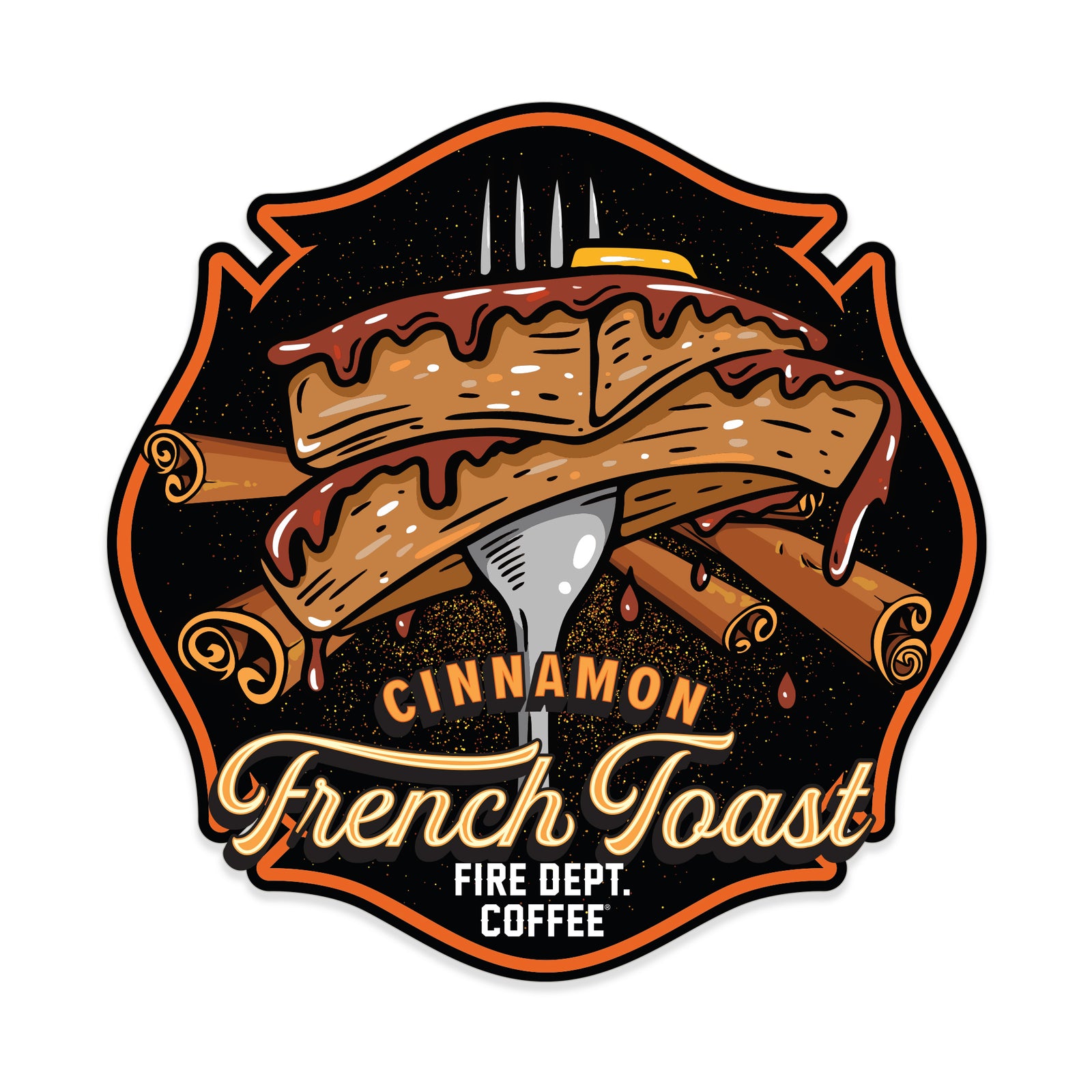 An illustration of a fork holding cinnamon french toast with text that reads CINNAMON FRENCH TOAST