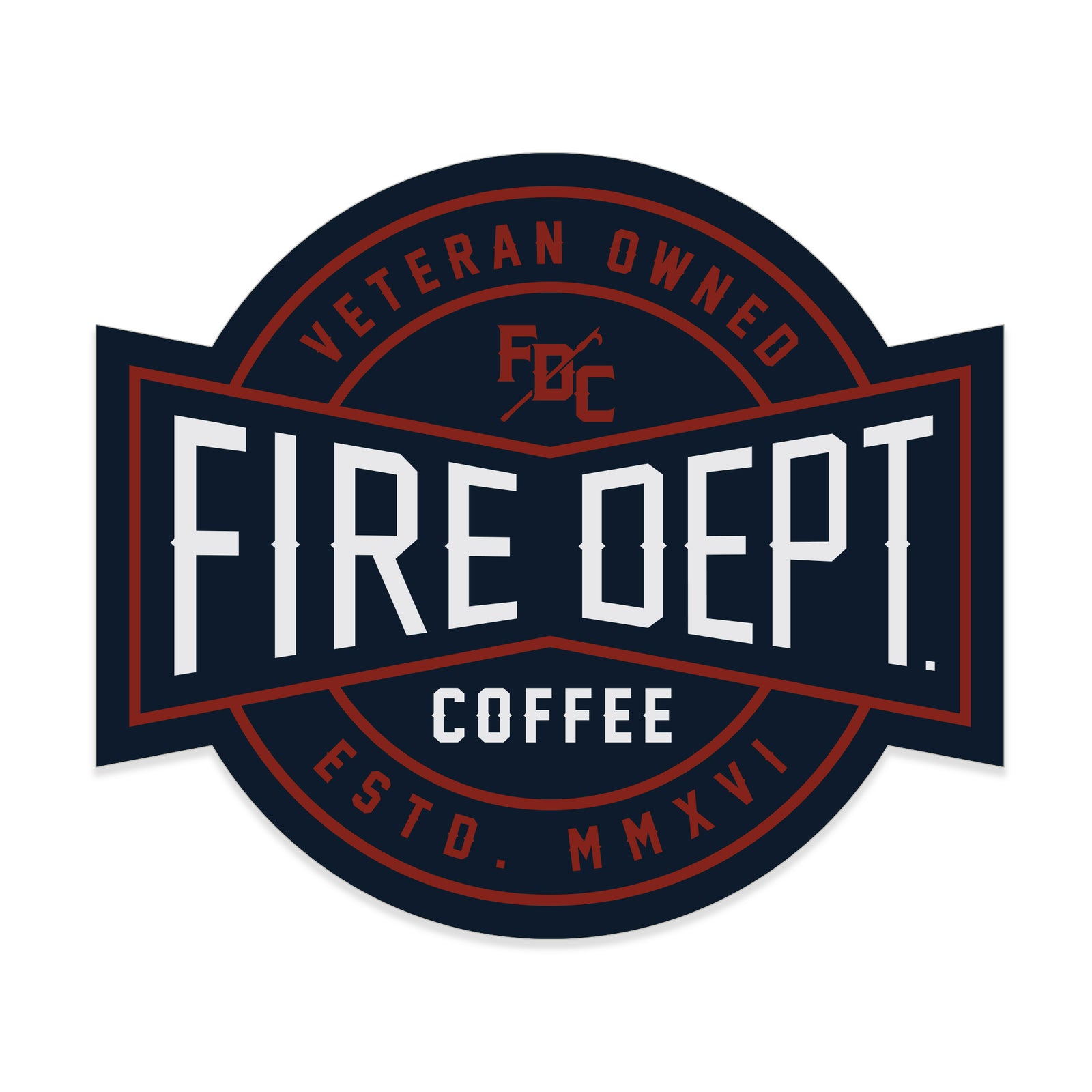 Circular design with text that reads VETERAN OWNED FIRE DEPT. COFFEE ESTD. MMXVI