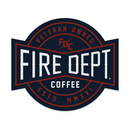 Circular design with text that reads VETERAN OWNED FIRE DEPT. COFFEE ESTD. MMXVI