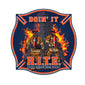 Firefighters in front of a burning building with text that reads DOIN’ IT R.I.T.E. RESEARCH, INFORMATION, TRAINING, EDUCATION