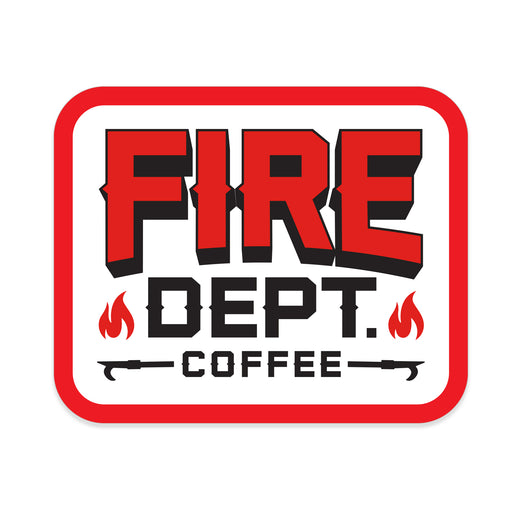 A white sticker with a red outline and text that reads FIRE DEPT. COFFEE