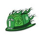 A green firefighter helmet in flames with a shamrock on the side and a plate on the front that says FIRE DEPT. COFFEE