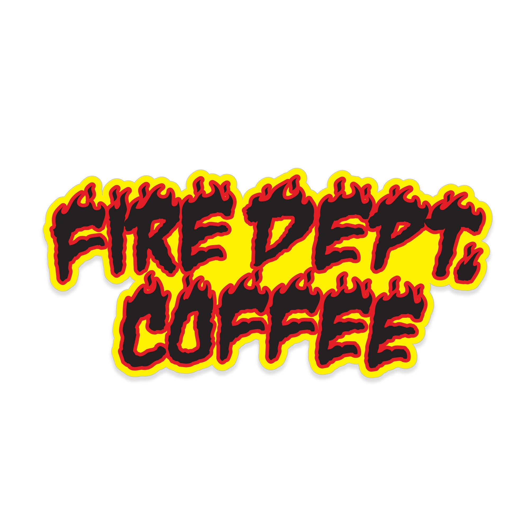 FIRE DEPT. COFFEE spelled out in flaming text with a yellow background