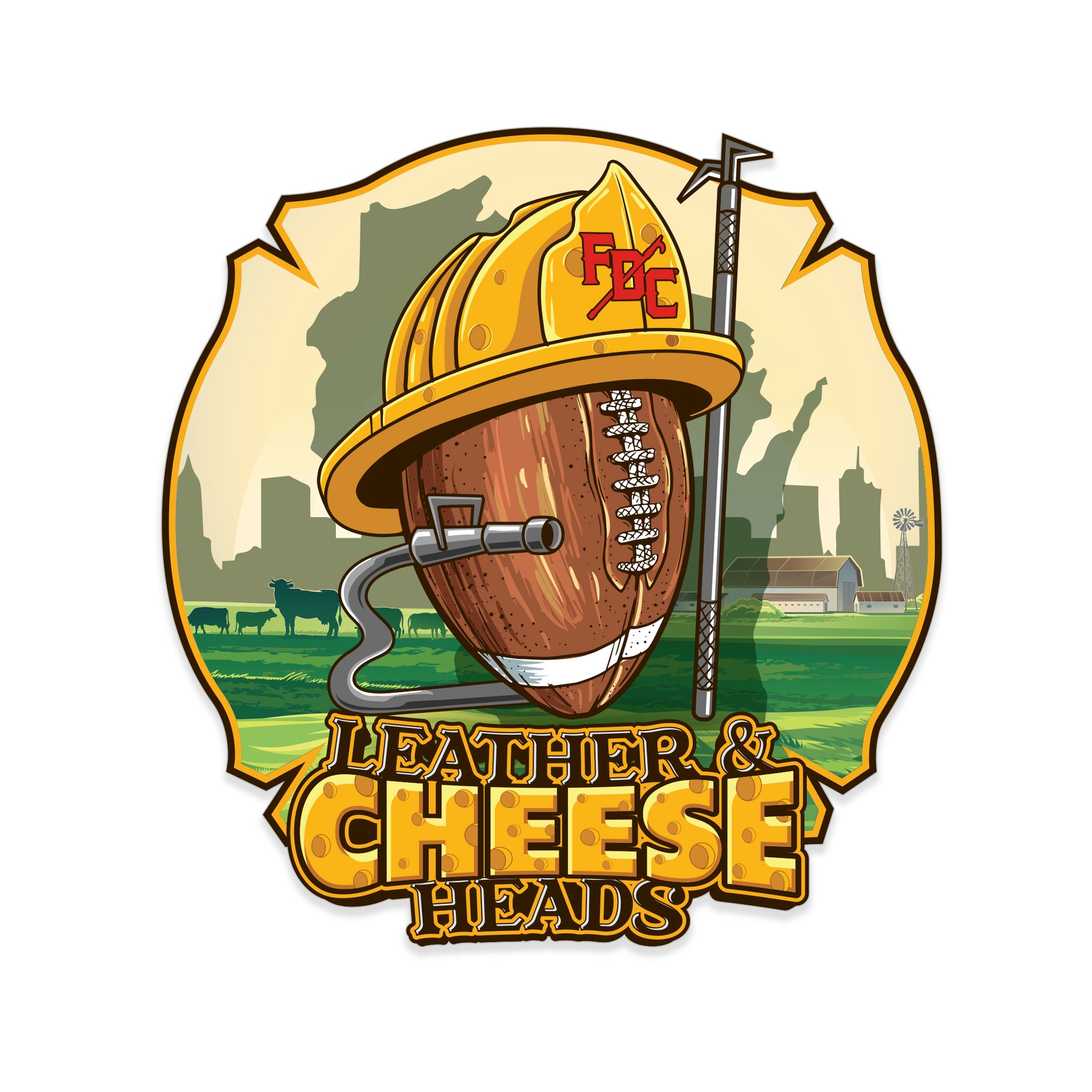 An illustration of a football wearing a cheese helmet with text that reads LEATHER & CHEESE HEADS
