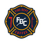 A Fire Department Coffee maltese cross logo that features firefighter tools on each side of the cross